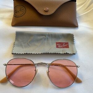 Ray-Ban Silver Frame Sunglasses with Pink Lenses and Tan Temples
